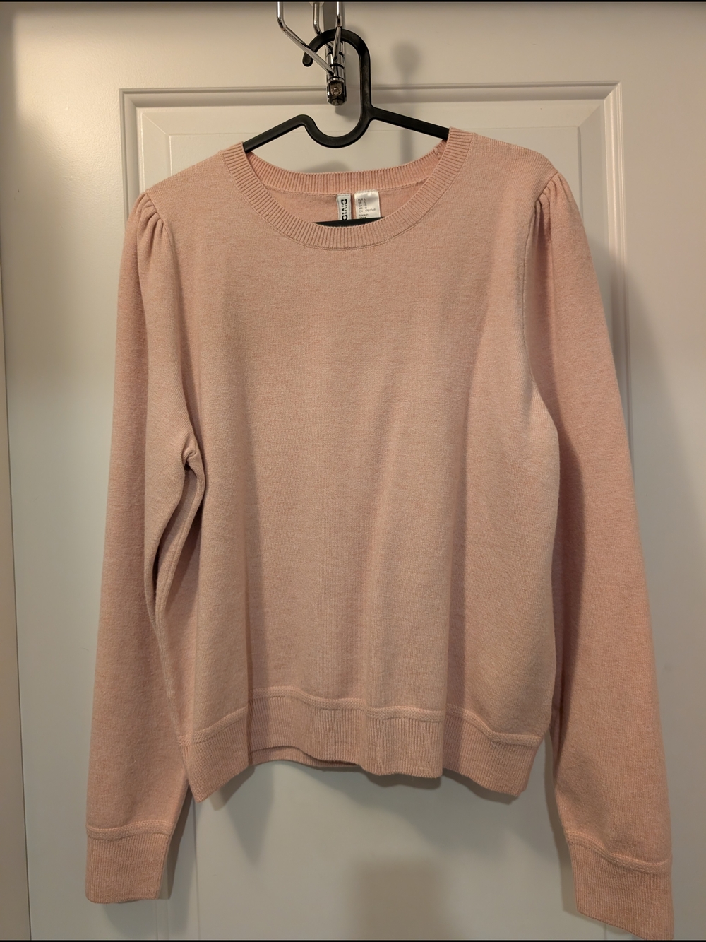 Divided Light Pink Crewneck Sweater with Puff Shoulders